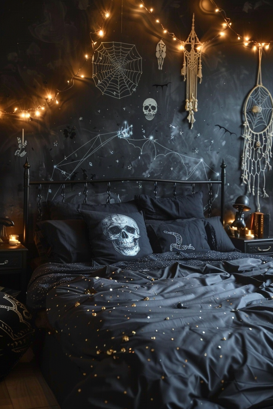 A gothic-themed bedroom with skull pillows, dark bedding, dream catchers, twinkling lights, and mystical wall drawings.
