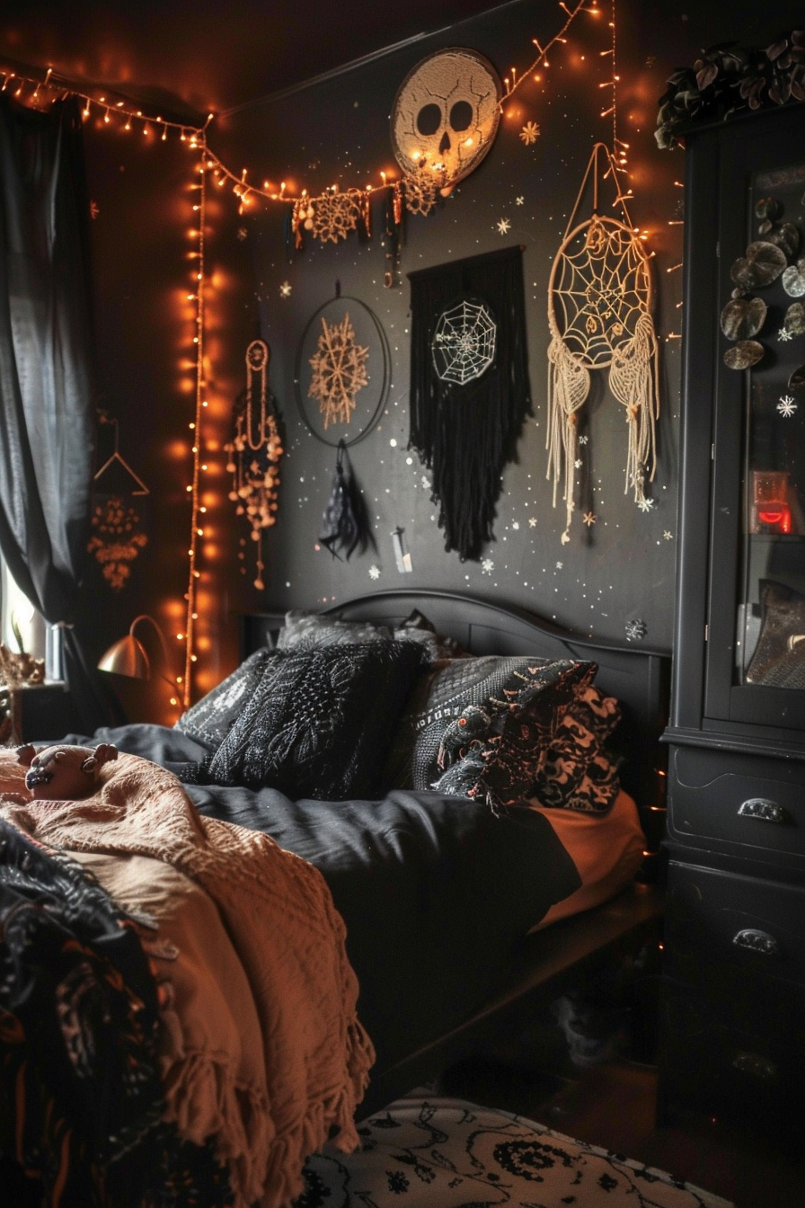 Cozy dark-themed bedroom with string lights, decorative macrame, and skull motifs on the walls, giving a gothic aesthetic.