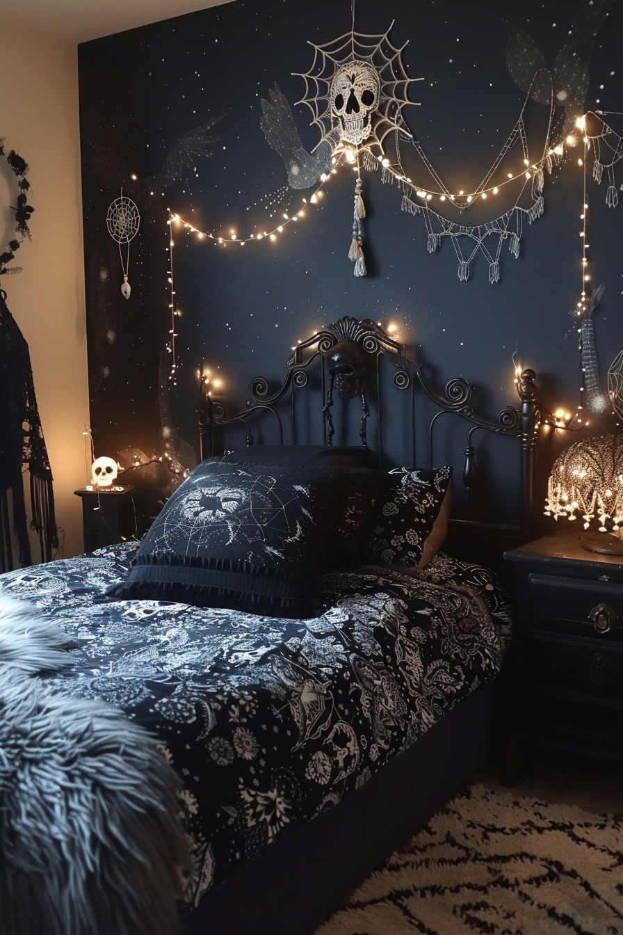 Cozy bedroom with a dark aesthetic, featuring a bed with gothic-inspired bedding, string lights, and celestial wall decor.
