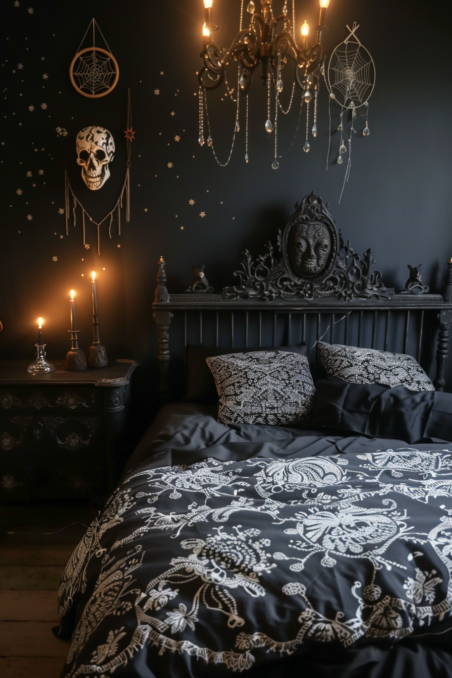 A gothic-style bedroom with black walls adorned with a skull, cobwebs, stars, lit candles, and a chandelier against a dark ornate bed.