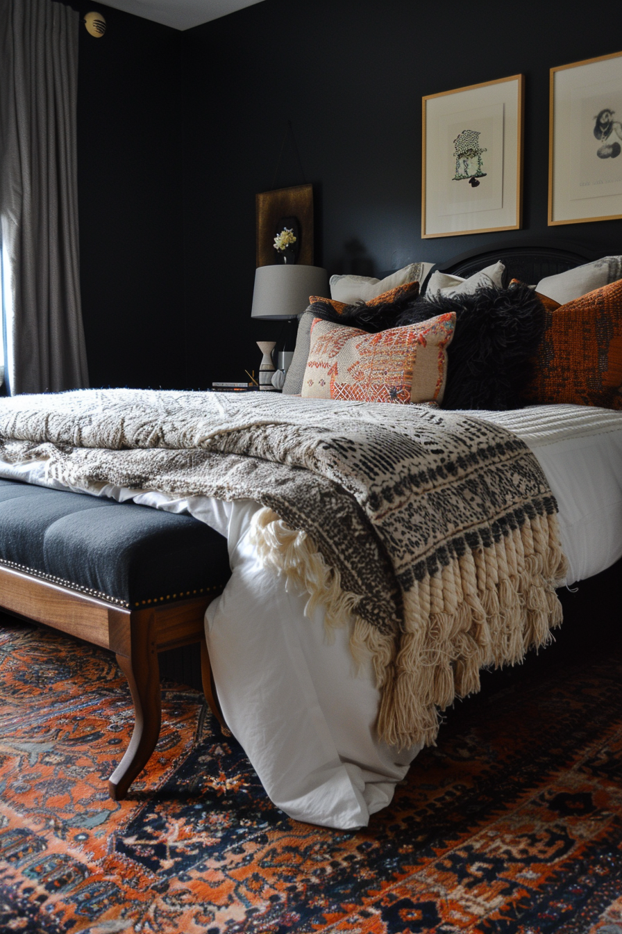 A cozy bedroom with dark walls, a bed adorned with textured blankets and pillows, table lamp, artwork, and an oriental rug.