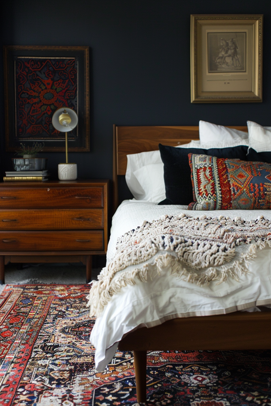 Elegant bedroom with a dark blue wall, wooden mid-century dresser and bed, patterned textiles, and vintage artwork.