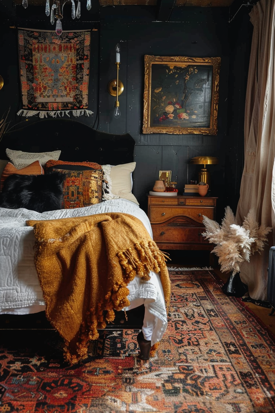 A cozy bedroom featuring a black wall, ornate decor, a mustard throw blanket on the bed, and a vintage area rug.
