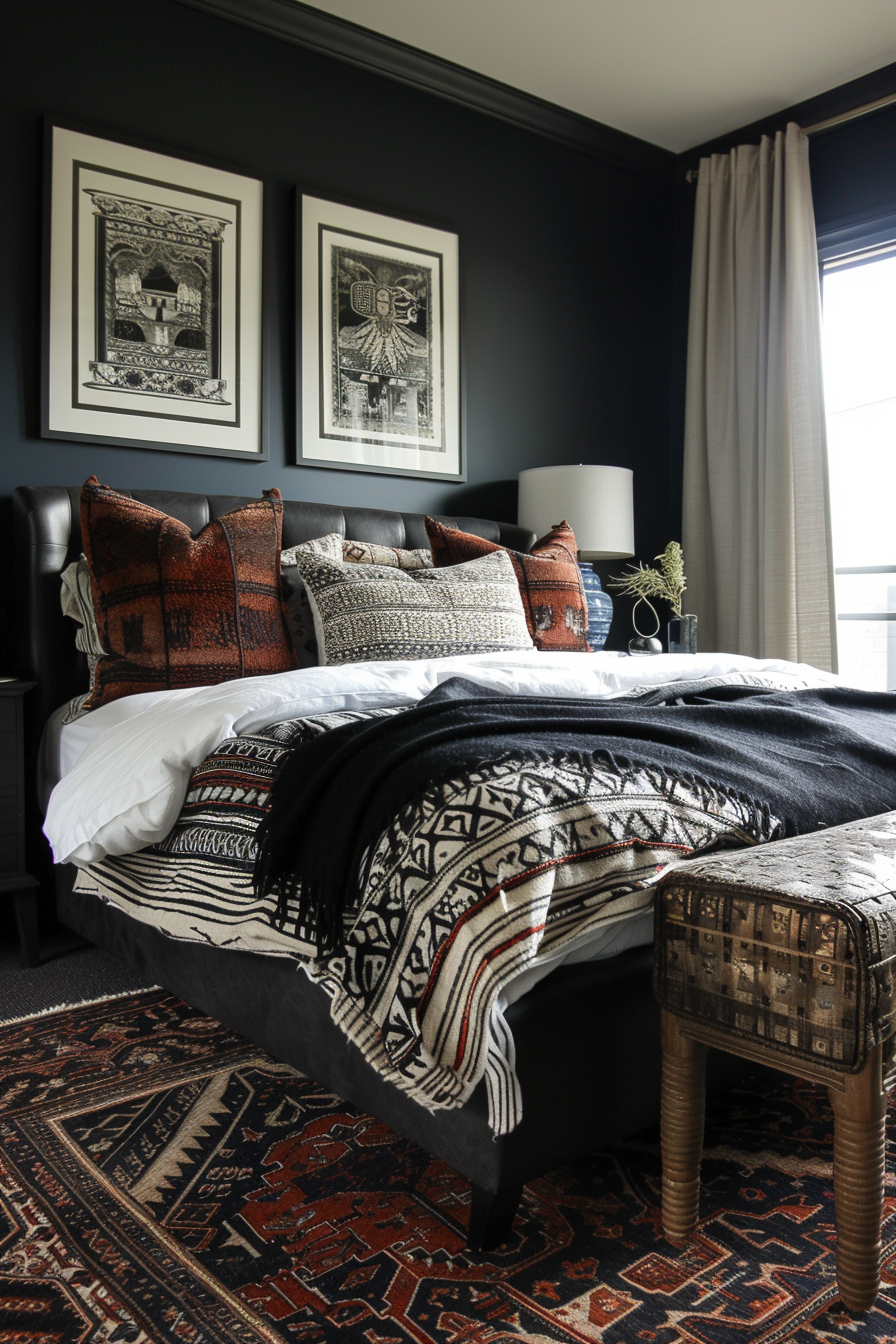 A cozy bedroom with dark blue walls, a bed with patterned textiles, framed artwork, and a traditional rug on the floor.