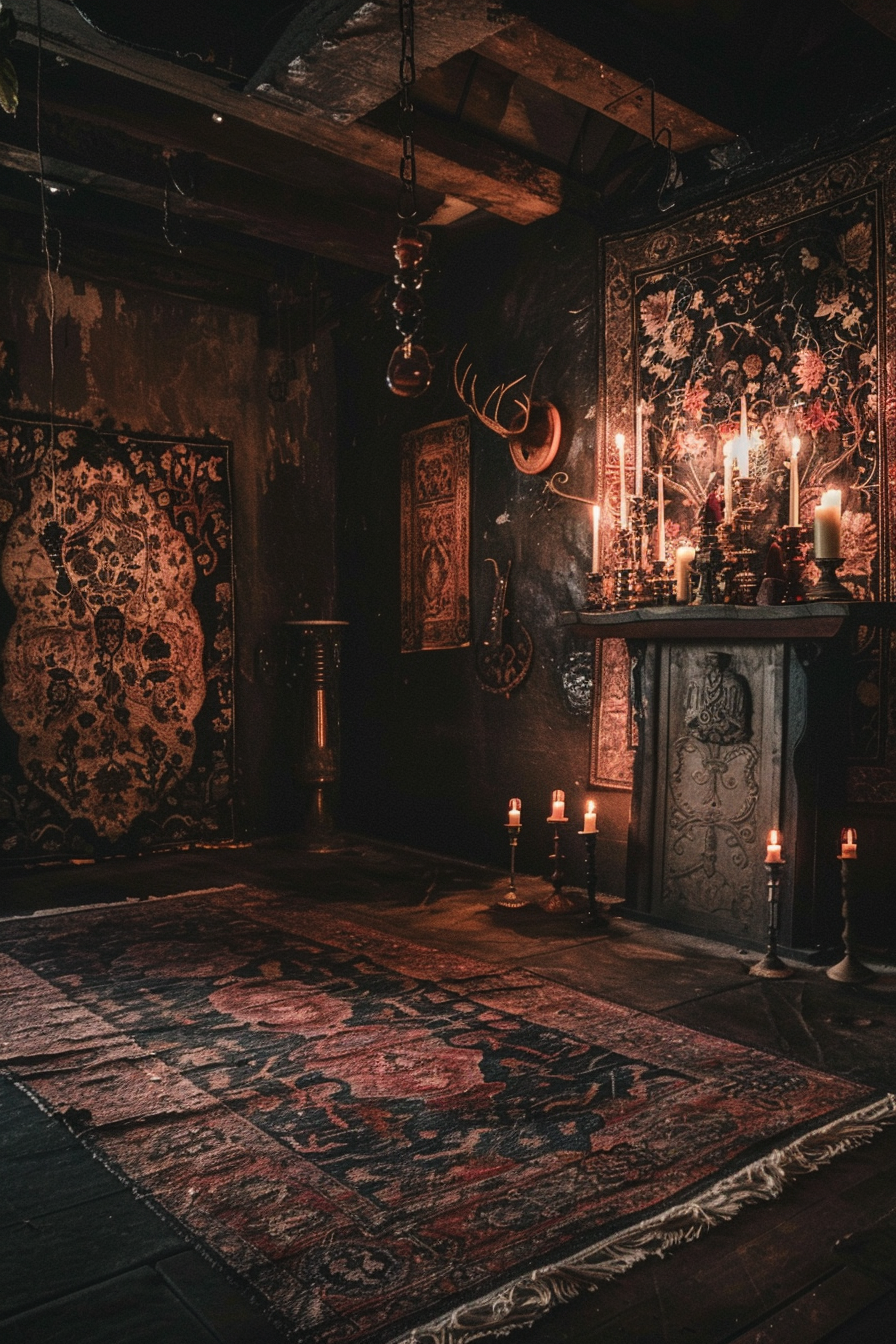 "Dimly lit vintage room with lit candles, ornate tapestries, an antique rug, and deer antlers on the wall, creating a mystical atmosphere."