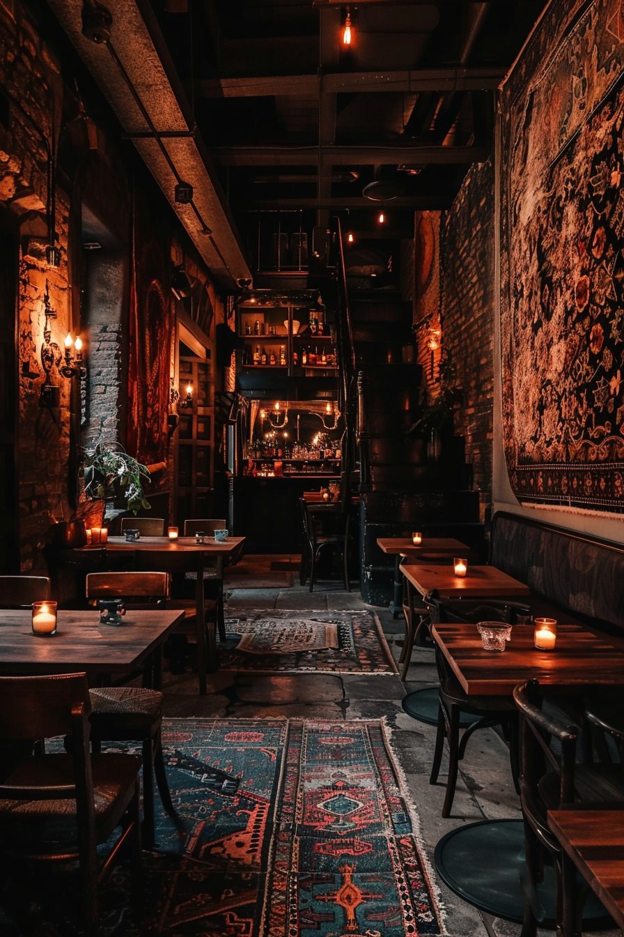 Cozy, dimly-lit bar with ornate rugs, wood tables, candles, and a vintage ambiance.