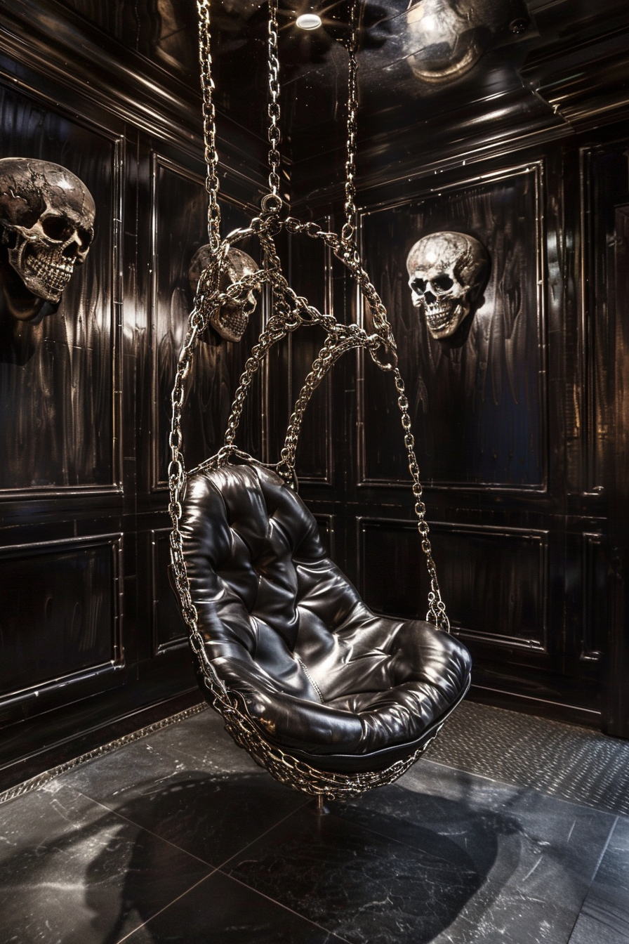A gothic-style room with a black leather swing hanging from chains, flanked by large skull sculptures affixed to dark paneled walls.