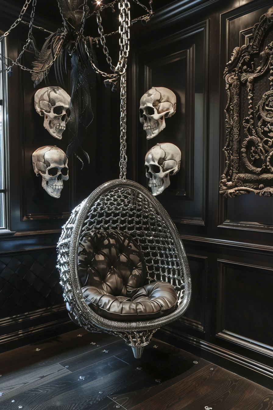 A Gothic-inspired room with an egg-shaped chair hanging from chains and framed skulls on dark paneled walls.