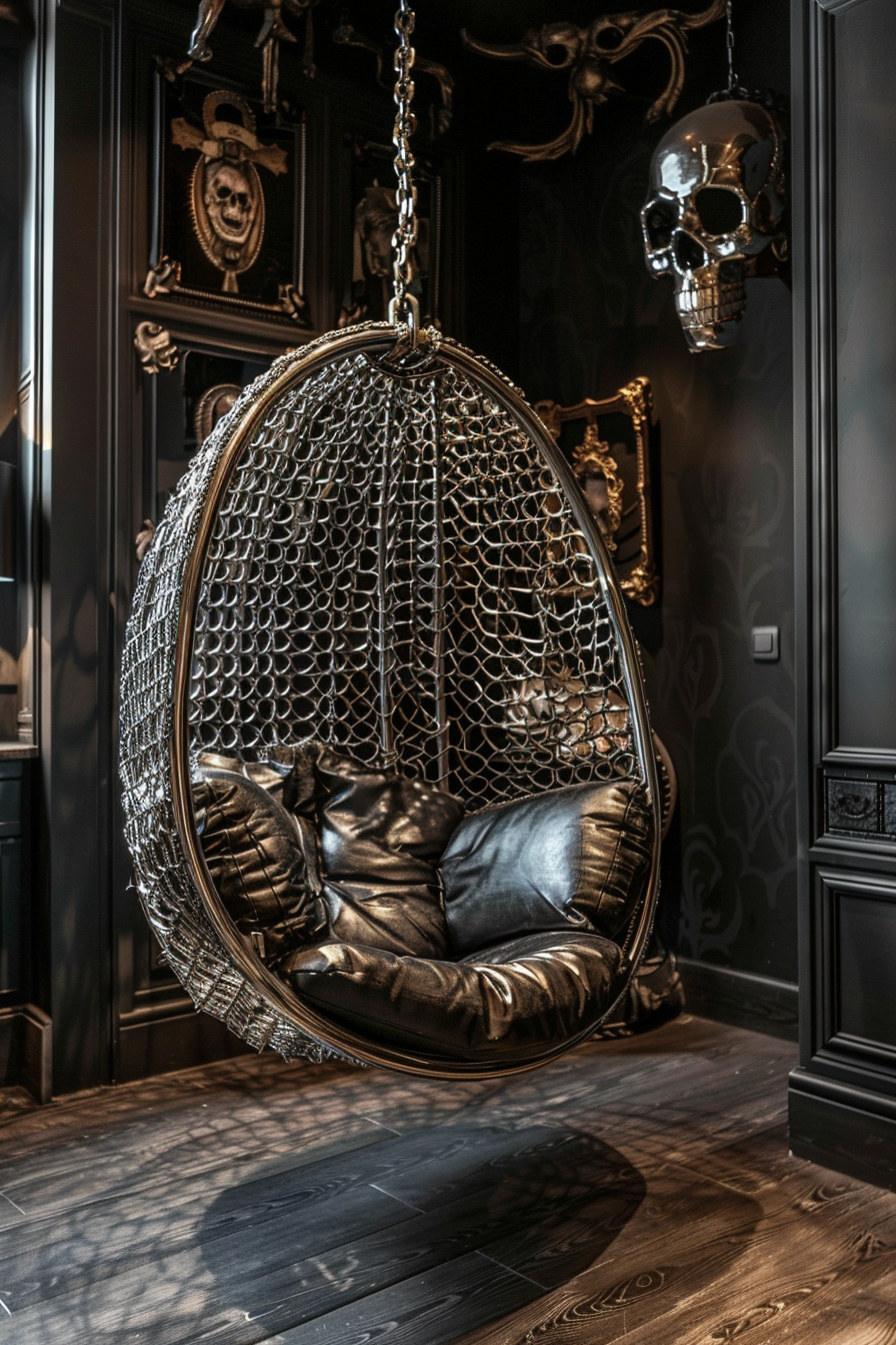 An elegant hanging egg chair with a metallic frame and dark cushions set against a gothic-style interior with skull decor.