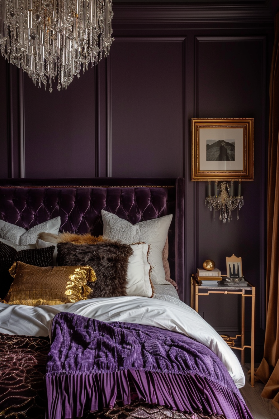 Luxurious bedroom with purple walls, a tufted headboard, crystal chandelier, framed art, and decorative pillows and throws.