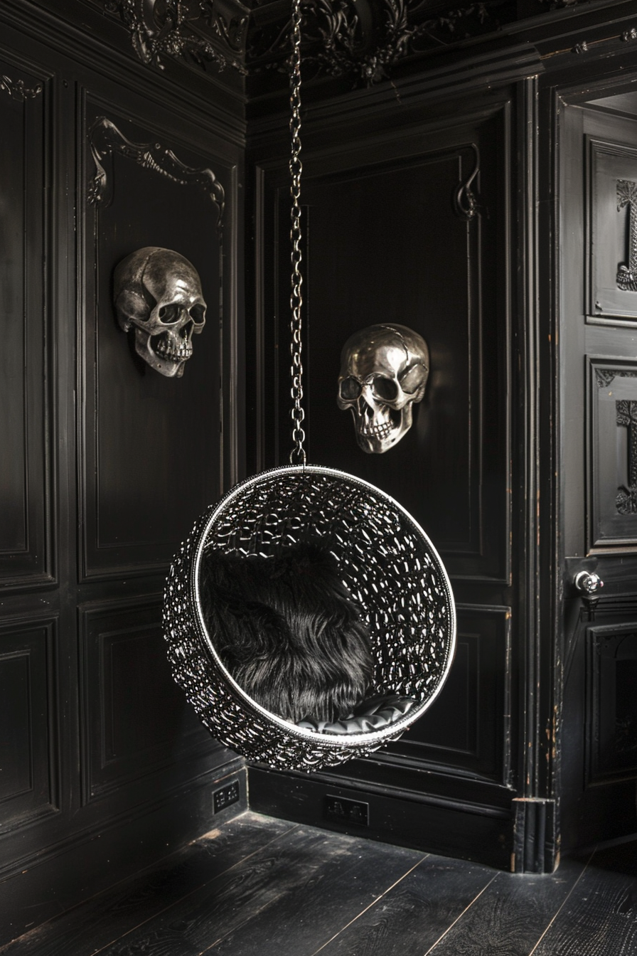 ALT: An ornate black room with an intricate hanging chair and two decorative skulls on the walls, creating a gothic ambiance.