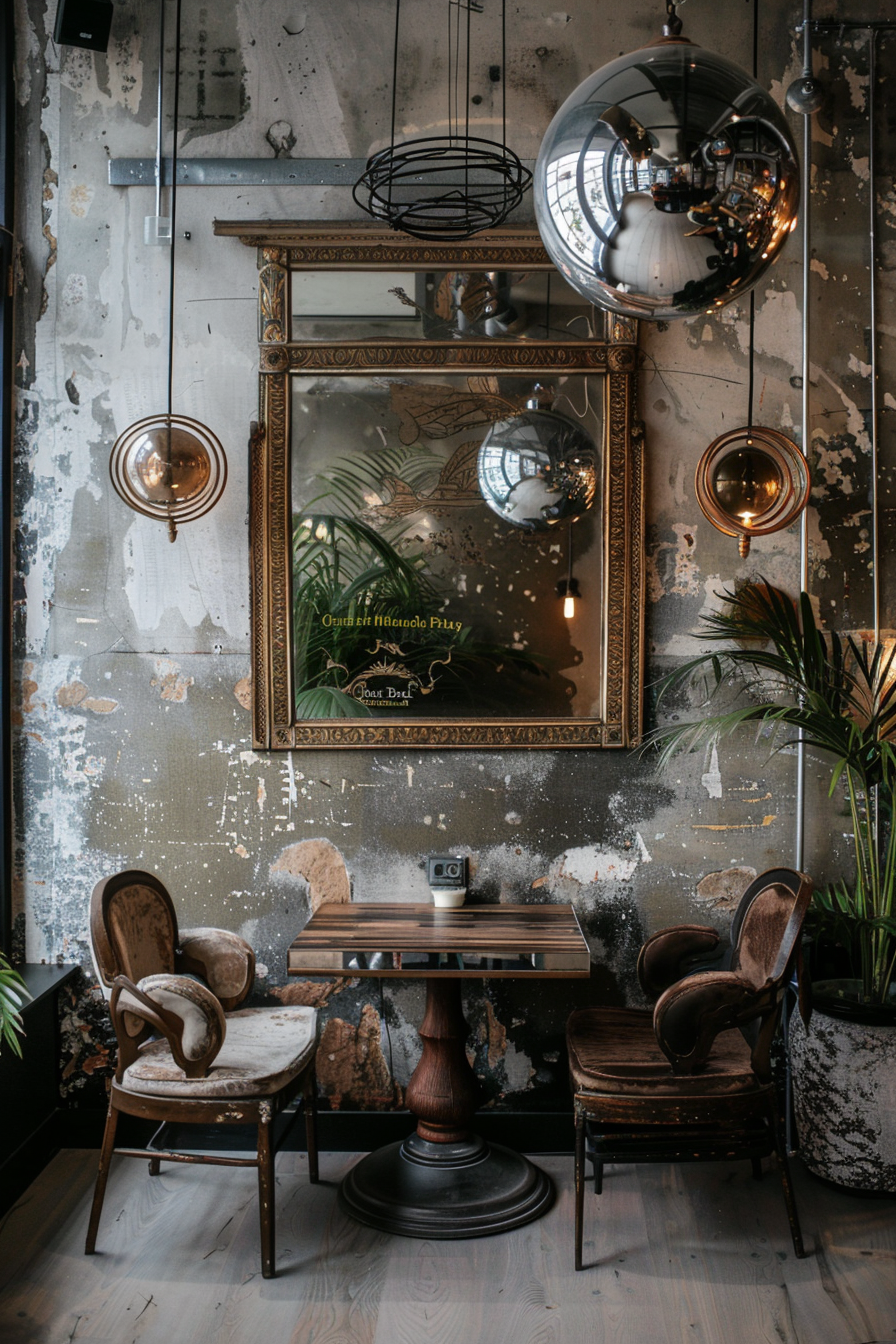 Vintage-style cafe corner with distressed walls, ornate mirror, round tables, classic chairs, and unique pendant lights.