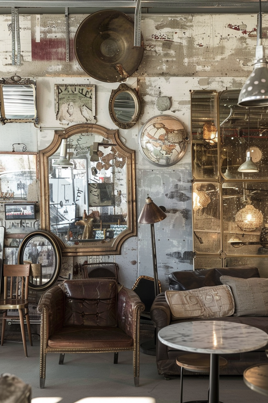 Vintage-inspired interior with assorted mirrors, globes, and eclectic furniture under soft lighting, creating an antique atmosphere.