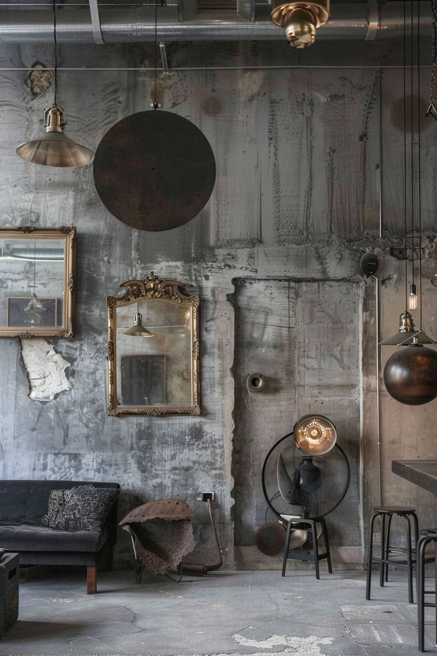 Alt text: An industrial-style room with distressed walls, antique framed mirrors, pendant lights, and a black sofa. Vintage aesthetic.