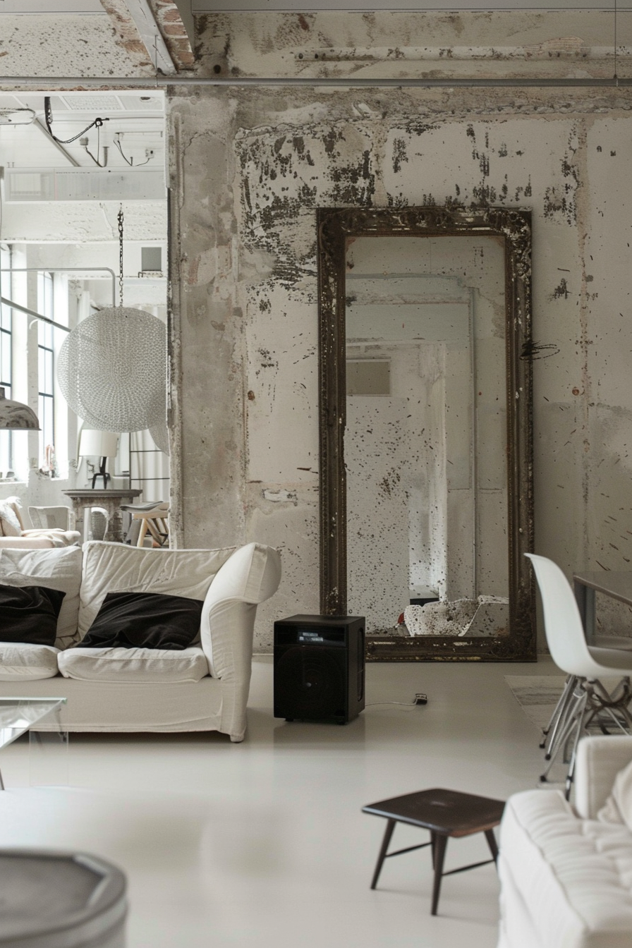 A modern living room with a vintage distressed mirror, white sofas, pendant light, and minimalist furniture.