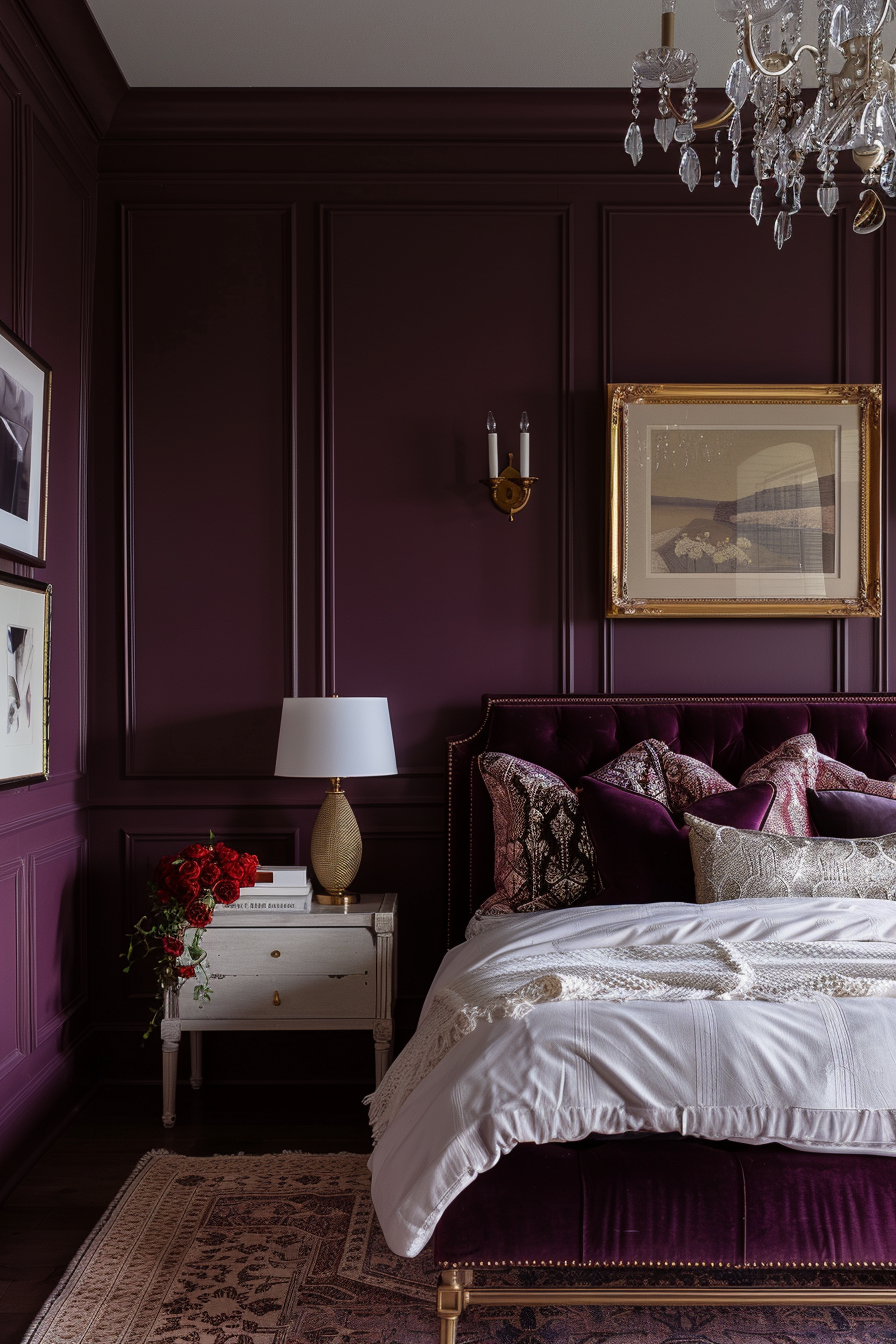 Elegant bedroom with dark purple walls, crystal chandelier, gold-framed art, and a plush velvet bed with decorative pillows.