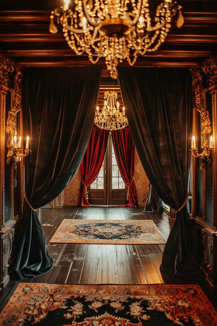 Elegant vintage room with ornate wooden panels, heavy black and red curtains, chandeliers, and intricate rugs.