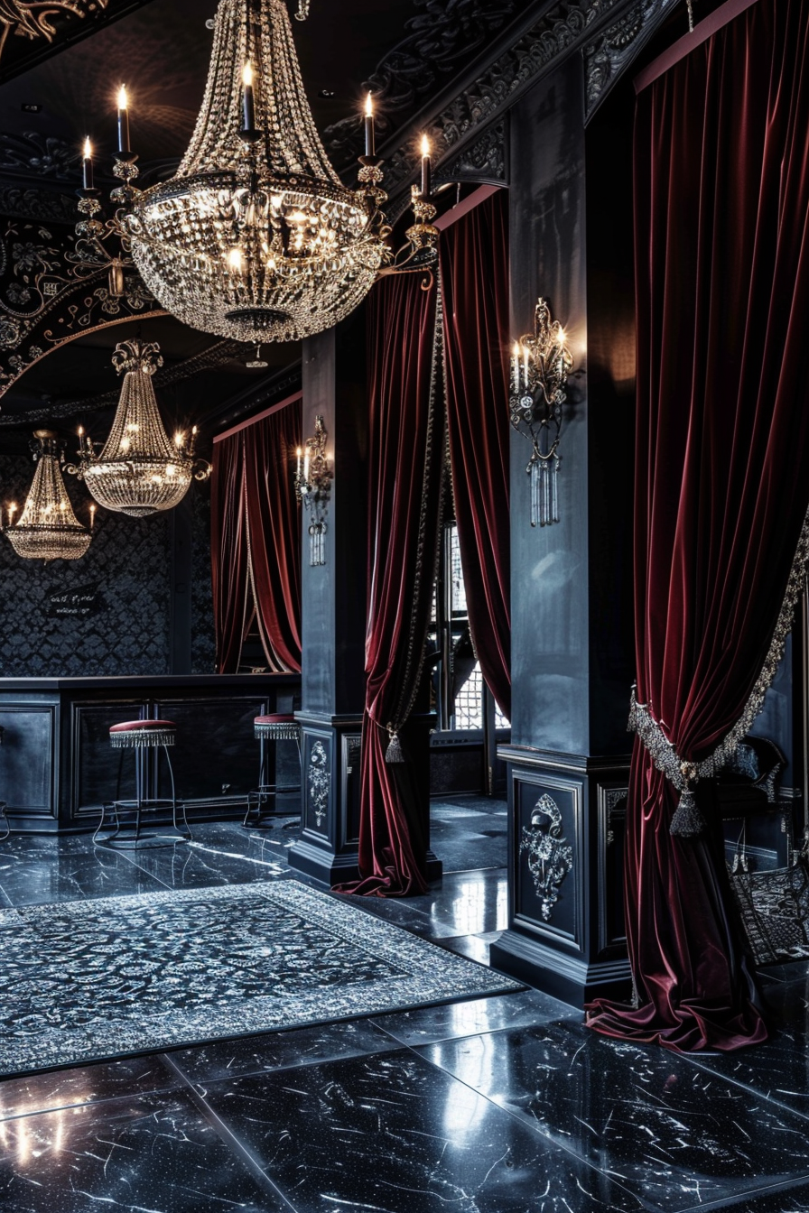 Opulent interior with large chandeliers, deep red curtains, and black marble floor, evoking a luxurious and vintage ambiance.