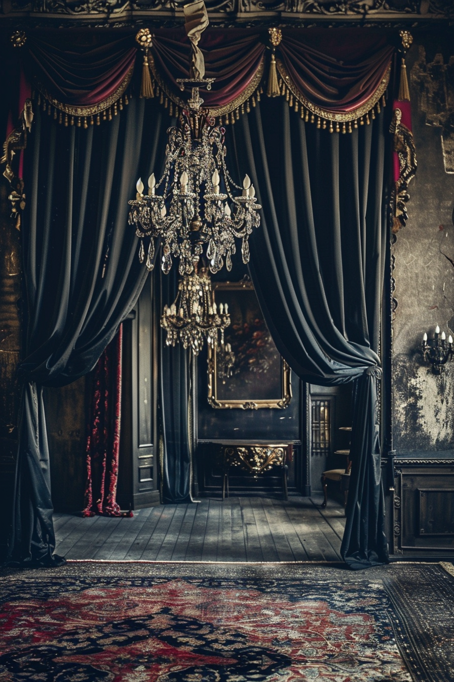 Opulent vintage room with crystal chandelier, heavy drapes, and ornate rug.