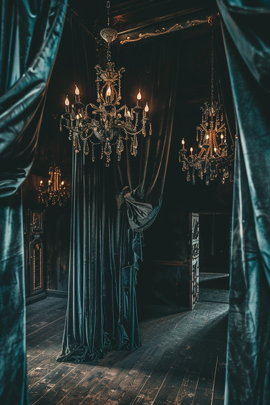 Elegant, antique chandelier with lit candles in a dark room with draped blue velvet curtains and vintage wooden floor.
