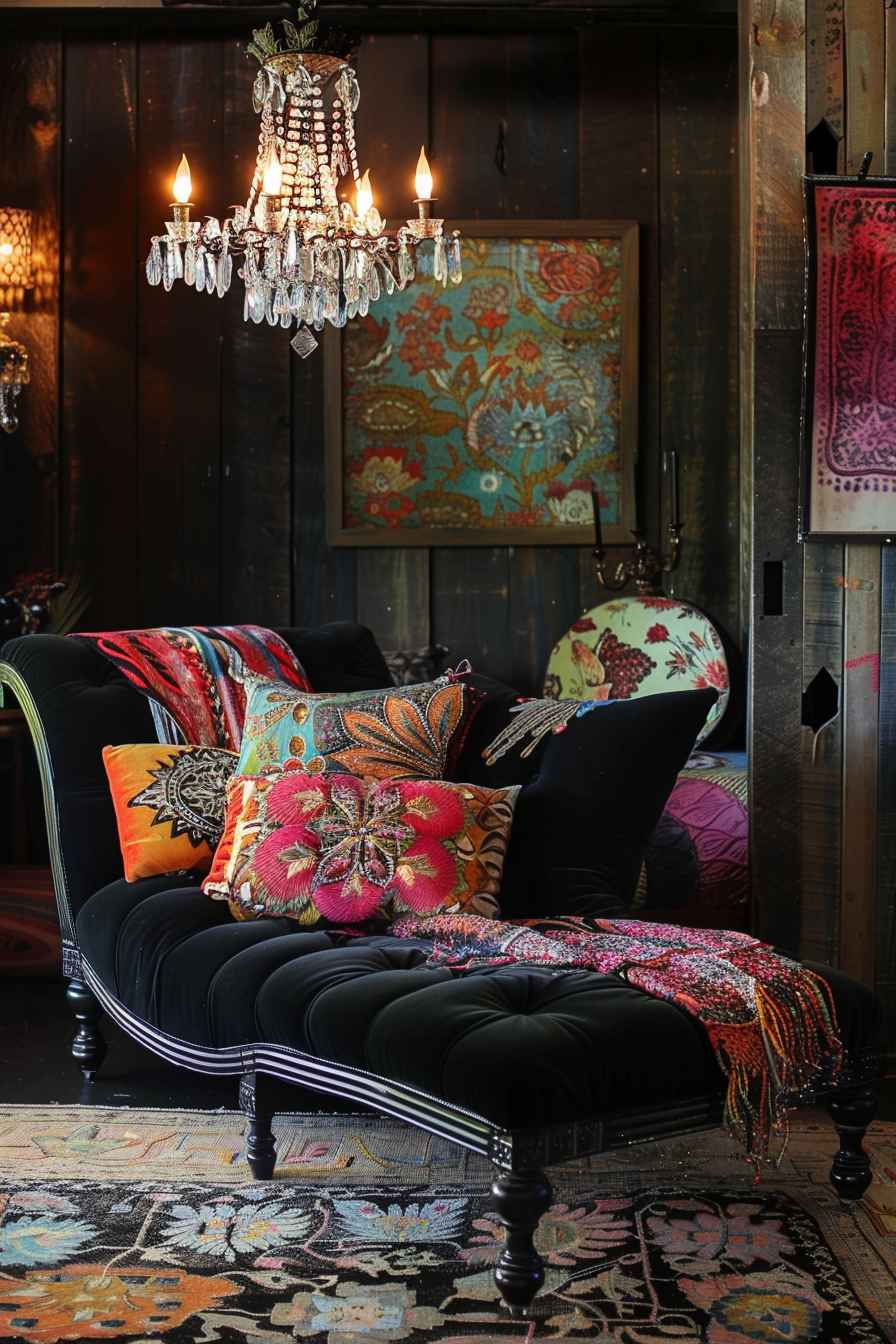 Elegant bohemian-style living space with a vintage chandelier, colorful embroidered cushions on a classic black sofa, and ornate area rug.
