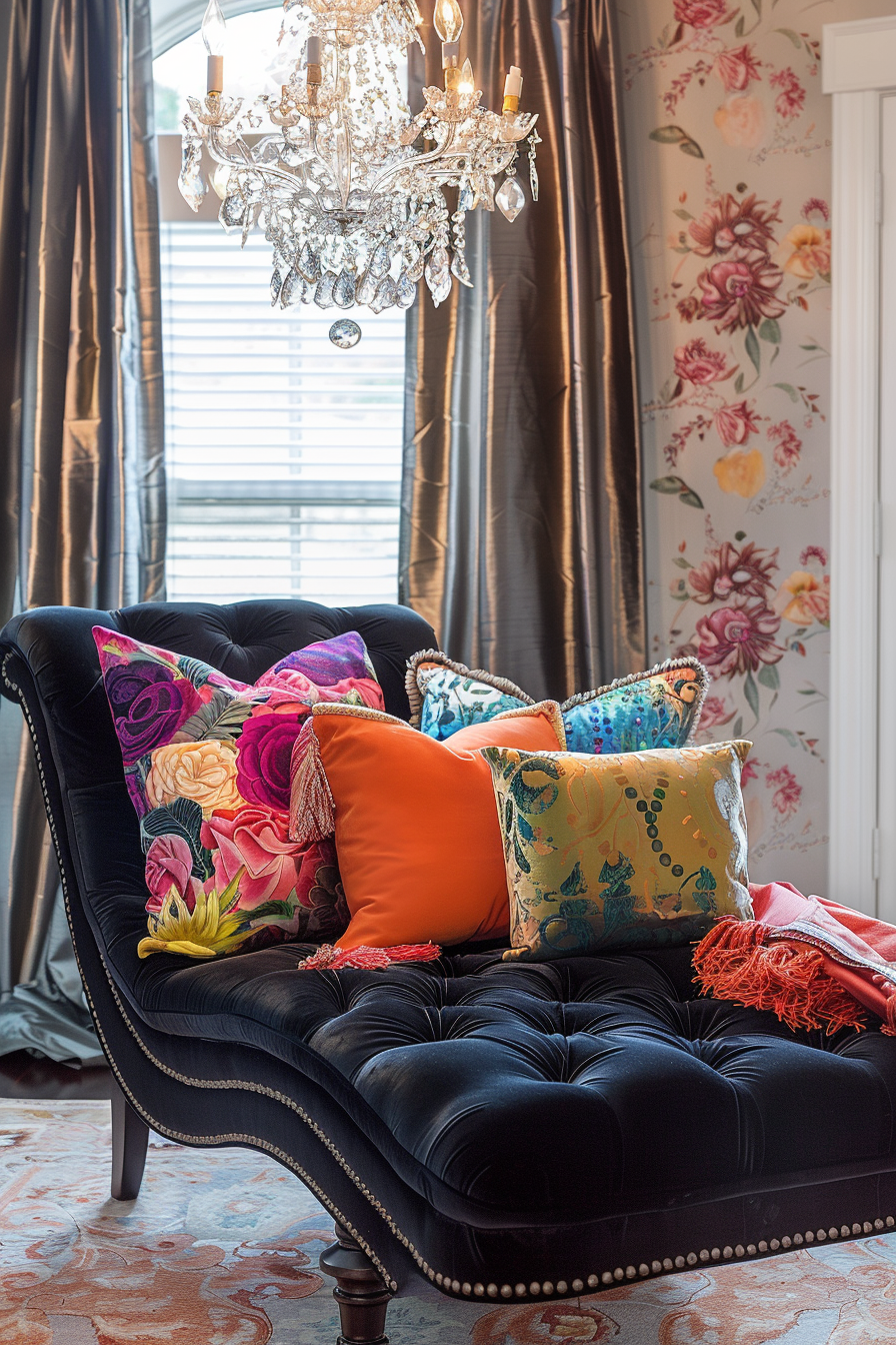 Elegant interior with a black tufted chaise lounge, colorful pillows, a crystal chandelier, and floral wallpaper.