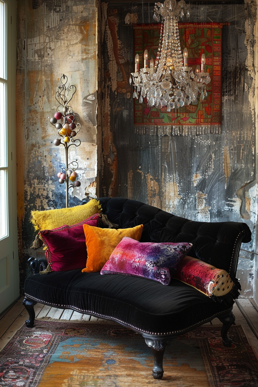 Elegant vintage room with a black tufted sofa, colorful pillows, an ornate chandelier, and distressed walls with art.
