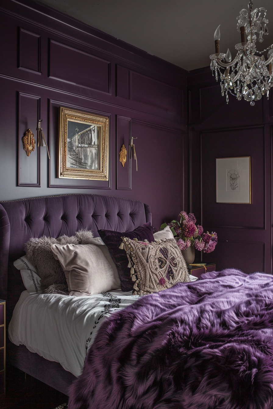 Elegant bedroom with deep purple walls, a tufted headboard, luxurious bedding, and a crystal chandelier.