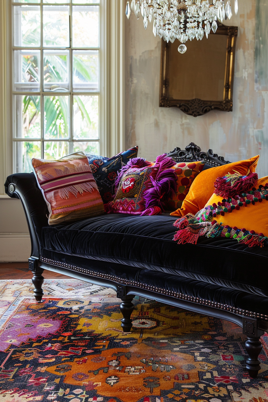 Elegant vintage room with a black velvet daybed adorned with colorful embroidered pillows, a vibrant rug, a crystal chandelier, and a gilded mirror.