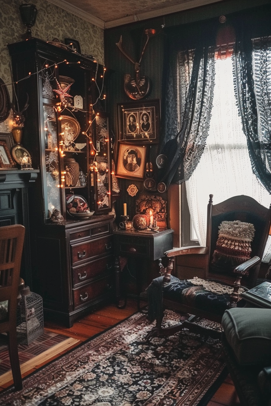 A vintage room with dark wood furniture, string lights, lace curtains, and antique decor giving a cozy, nostalgic ambiance.