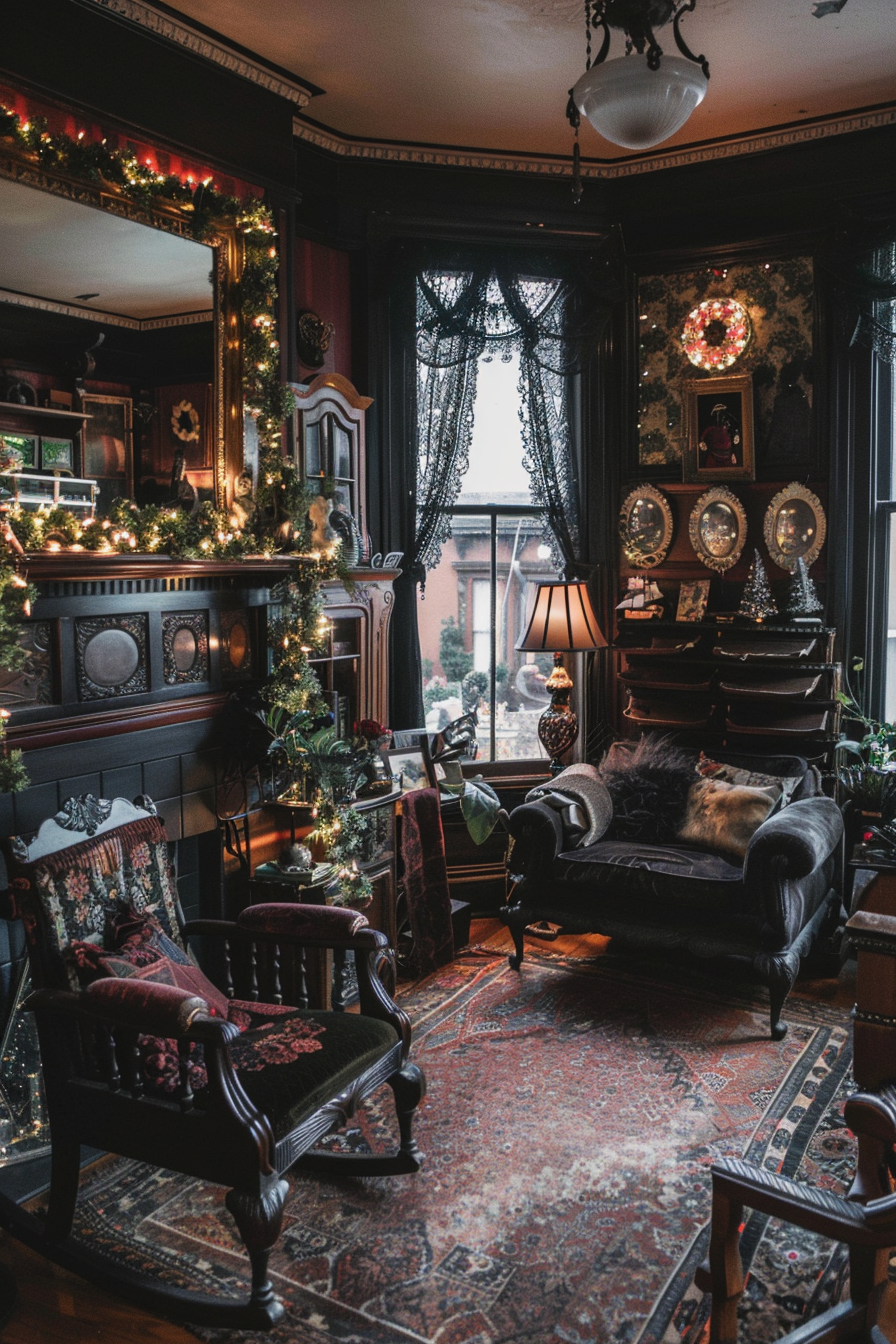 Cozy vintage room with festive decorations, antique furniture, warm lighting, and a Christmas vibe.