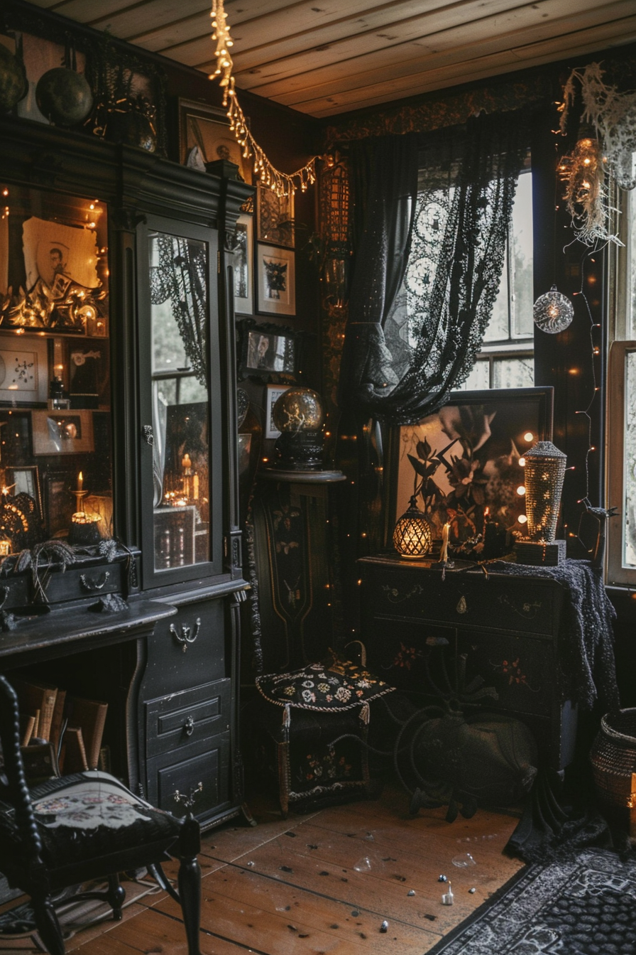 A cozy vintage room with ornate dark furniture, lace curtains, twinkling fairy lights, and decorative items creating a mystical ambiance.