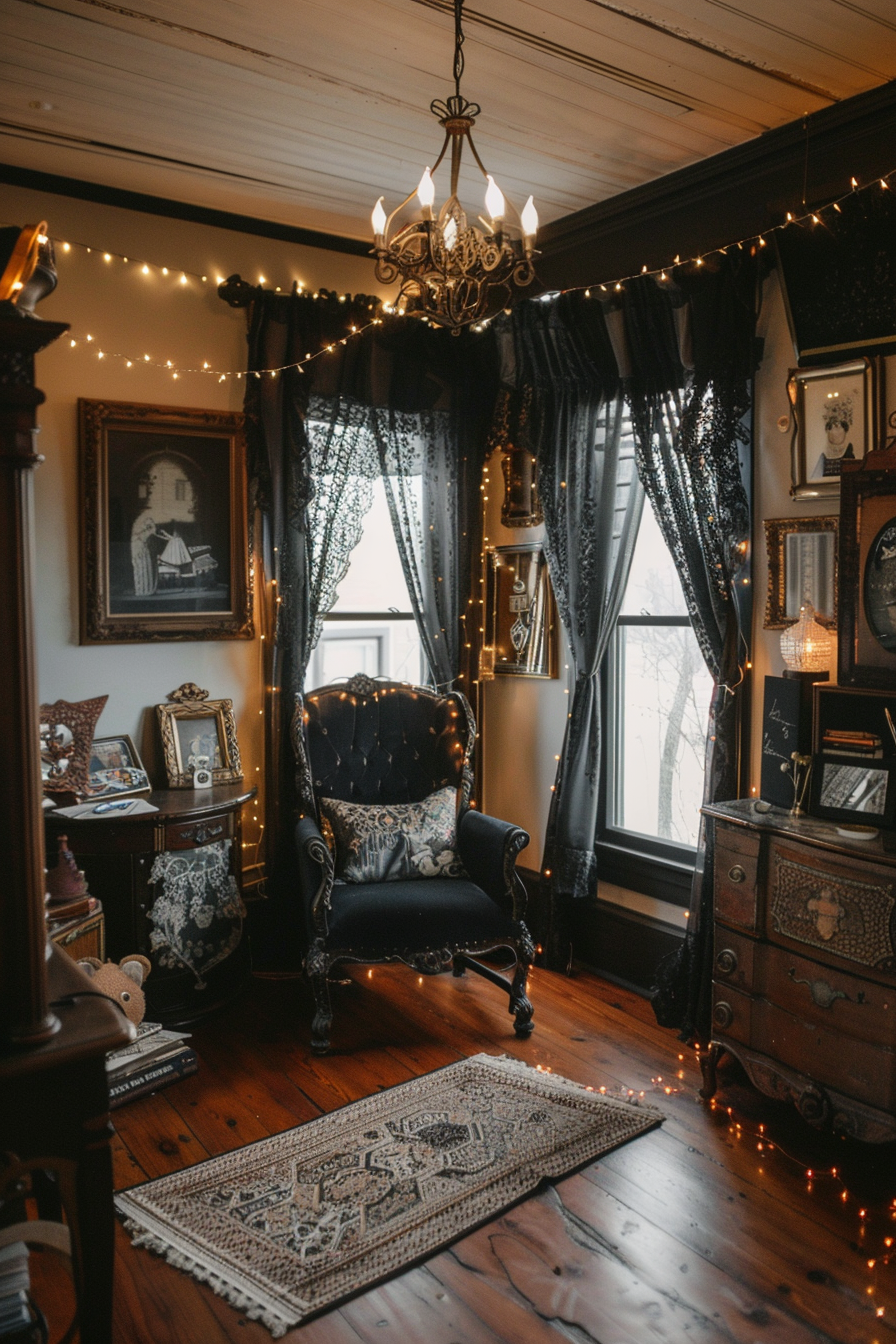 ALT Text: "Cozy vintage room with ornate black armchair, antique wooden furniture, lace curtains, fairy lights, and framed portraits."