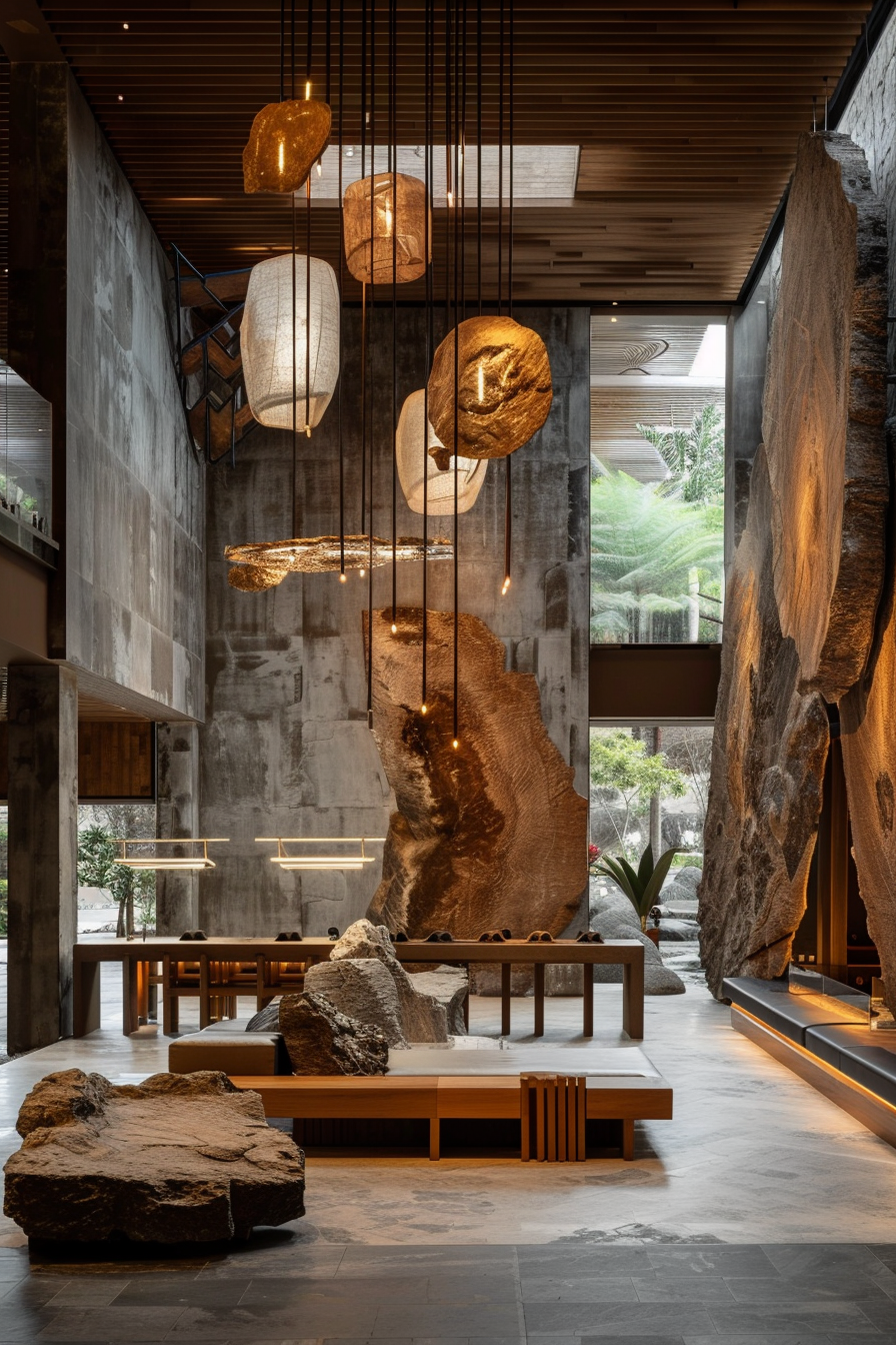 Modern interior with unique lights hanging above wooden furniture, surrounded by large natural stones and concrete walls.