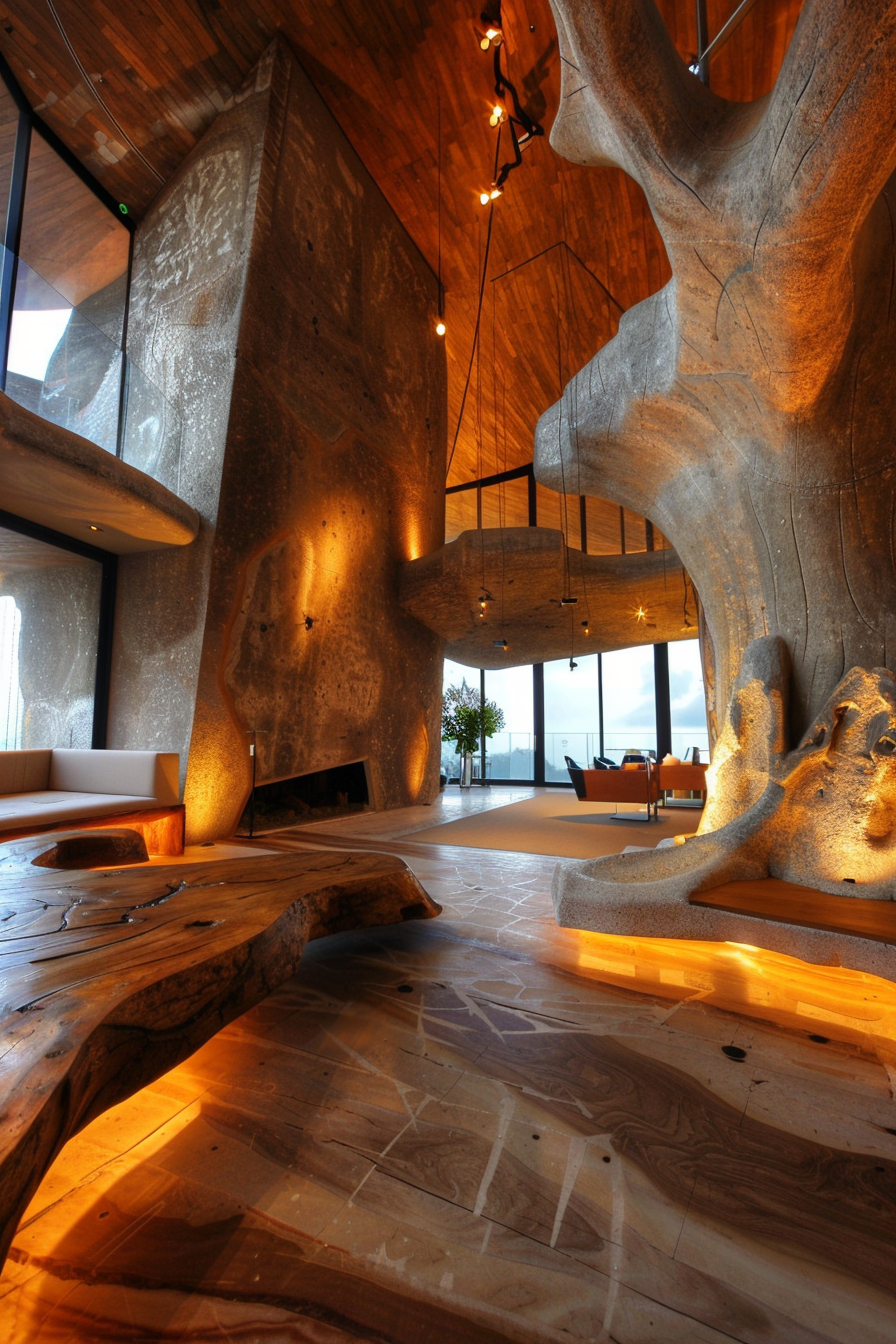 Interior view of a modern room with unique organic-shaped concrete columns, wooden elements, and panoramic windows overlooking nature.