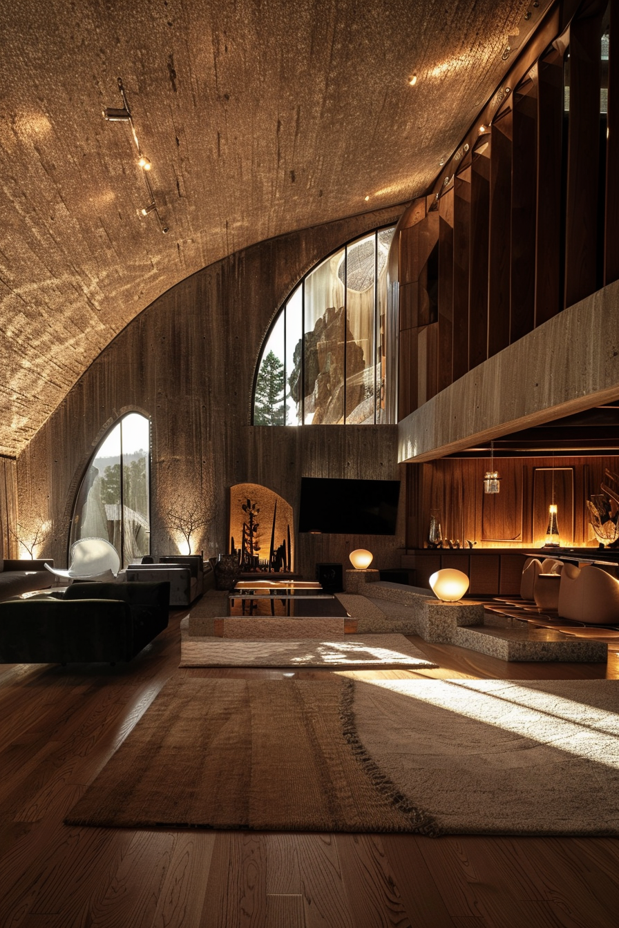 Modern living room with curved concrete ceiling, wooden accents, large arch windows, a fireplace, and stylish furniture illuminated by warm light.