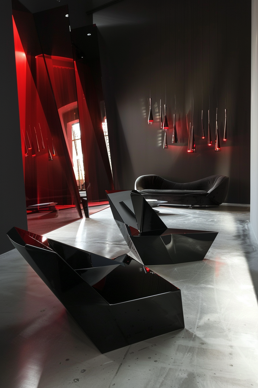 Modern interior with geometric black chairs, red accent lighting, and a sleek curved sofa in a room with dark walls and polished floors.