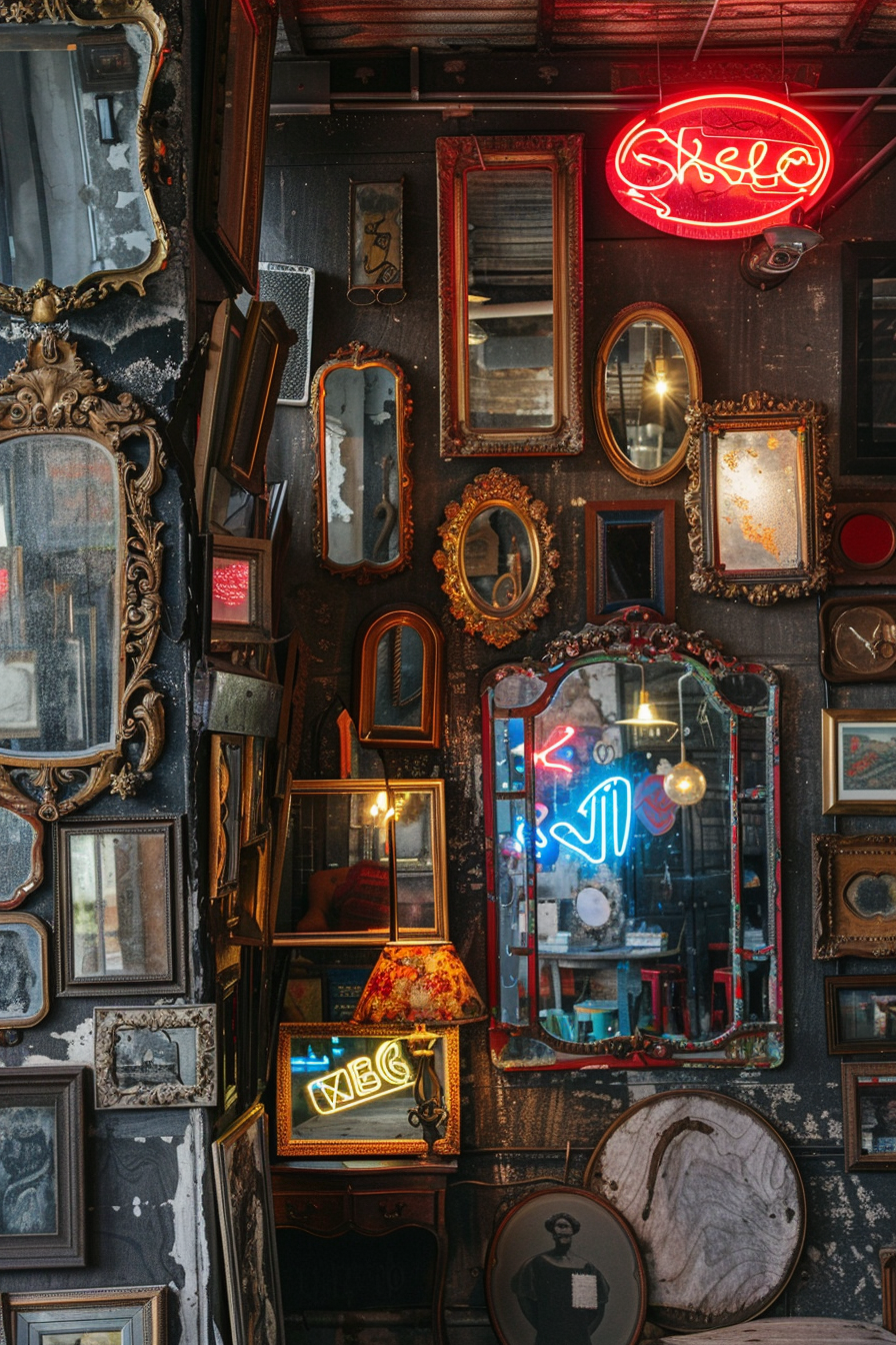 A wall adorned with vintage mirrors and frames of various sizes and shapes, illuminated by neon signs and a lamp.
