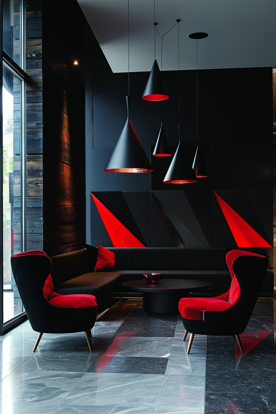 Modern interior design with black walls, red accent furniture, cone-shaped pendant lights, and marble flooring.