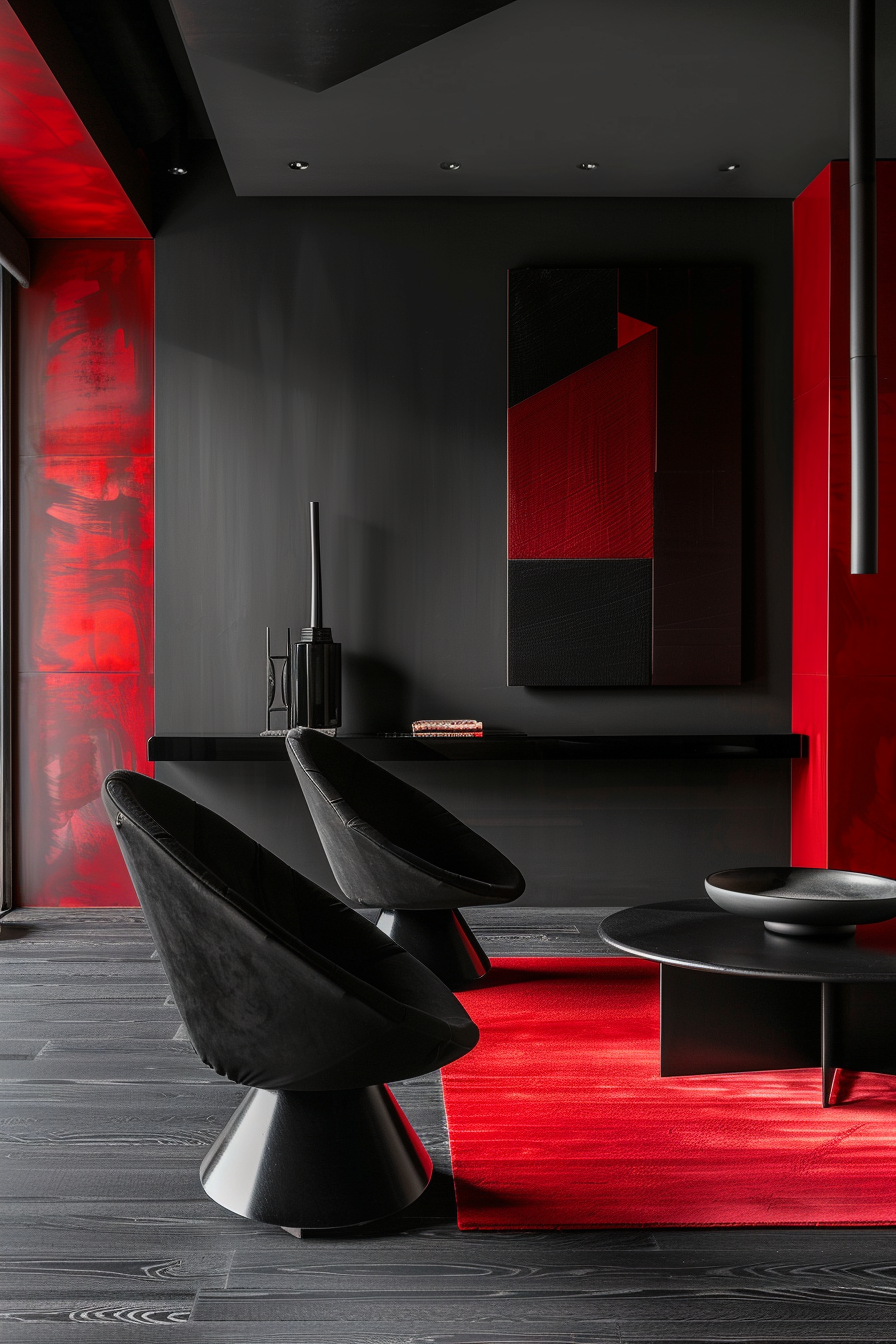 A modern room with a bold red and black color scheme, featuring stylish black chairs, red artwork, and accent lighting.