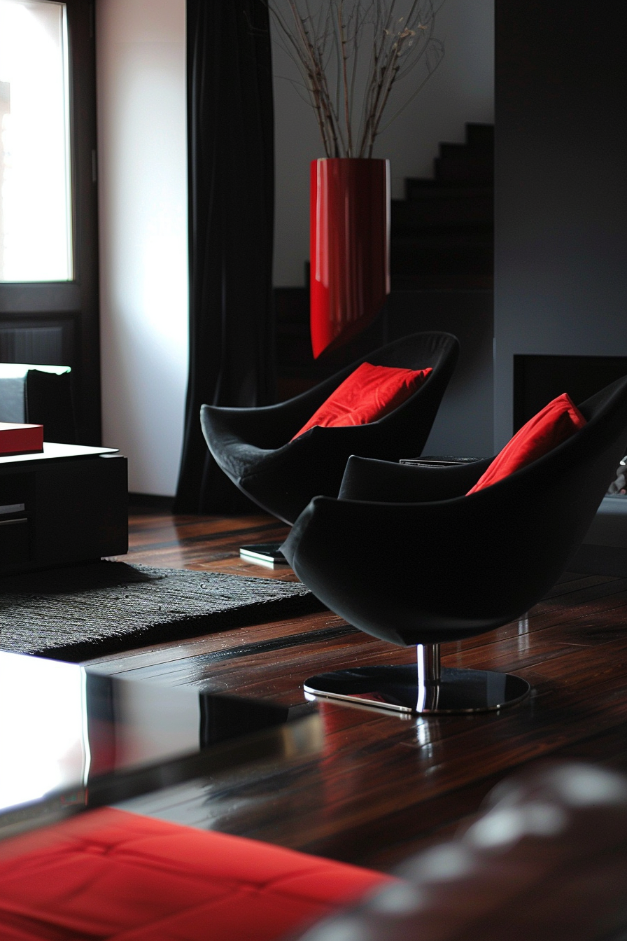 Modern living room with two black chairs, red cushions, dark wood flooring, and a staircase in the background.