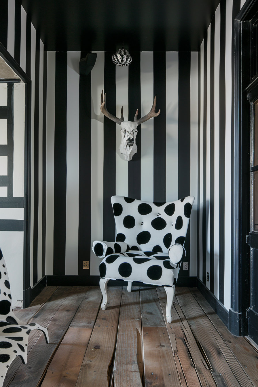 A stylish room with black and white striped walls, a polka-dotted armchair, wooden floors, and a deer skull mounted above.