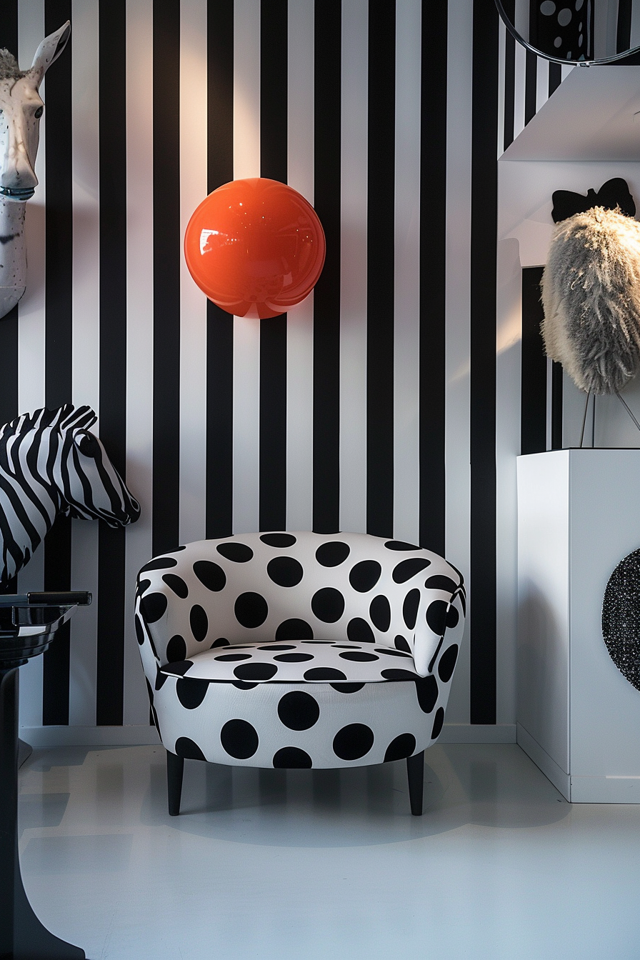A polka-dotted armchair against black and white striped wallpaper, with a red spherical lamp and whimsical decor.