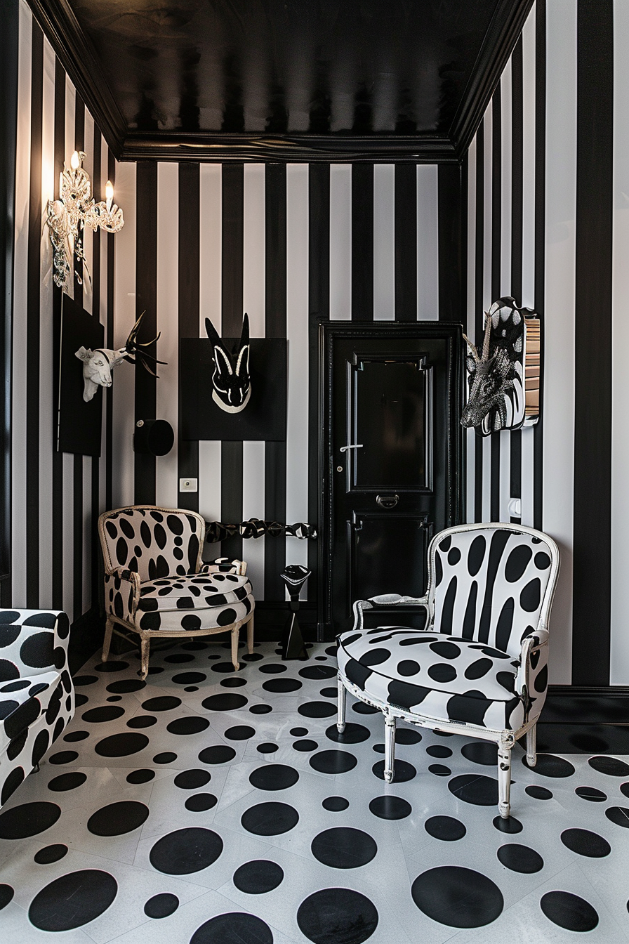 A chic black and white striped room with polka-dotted armchairs, matching floor design, and artistic wall decor.