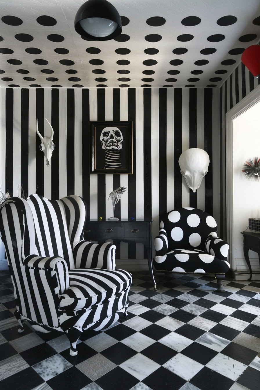 A black and white striped room with polka-dot ceiling, checkered floor, skull artwork, and animal skulls, featuring patterned furniture.