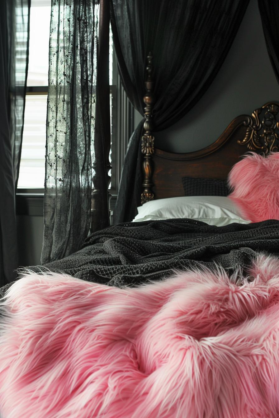 Elegant bedroom with dark drapes, ornate wooden headboard, and vibrant pink faux fur blanket on the bed.