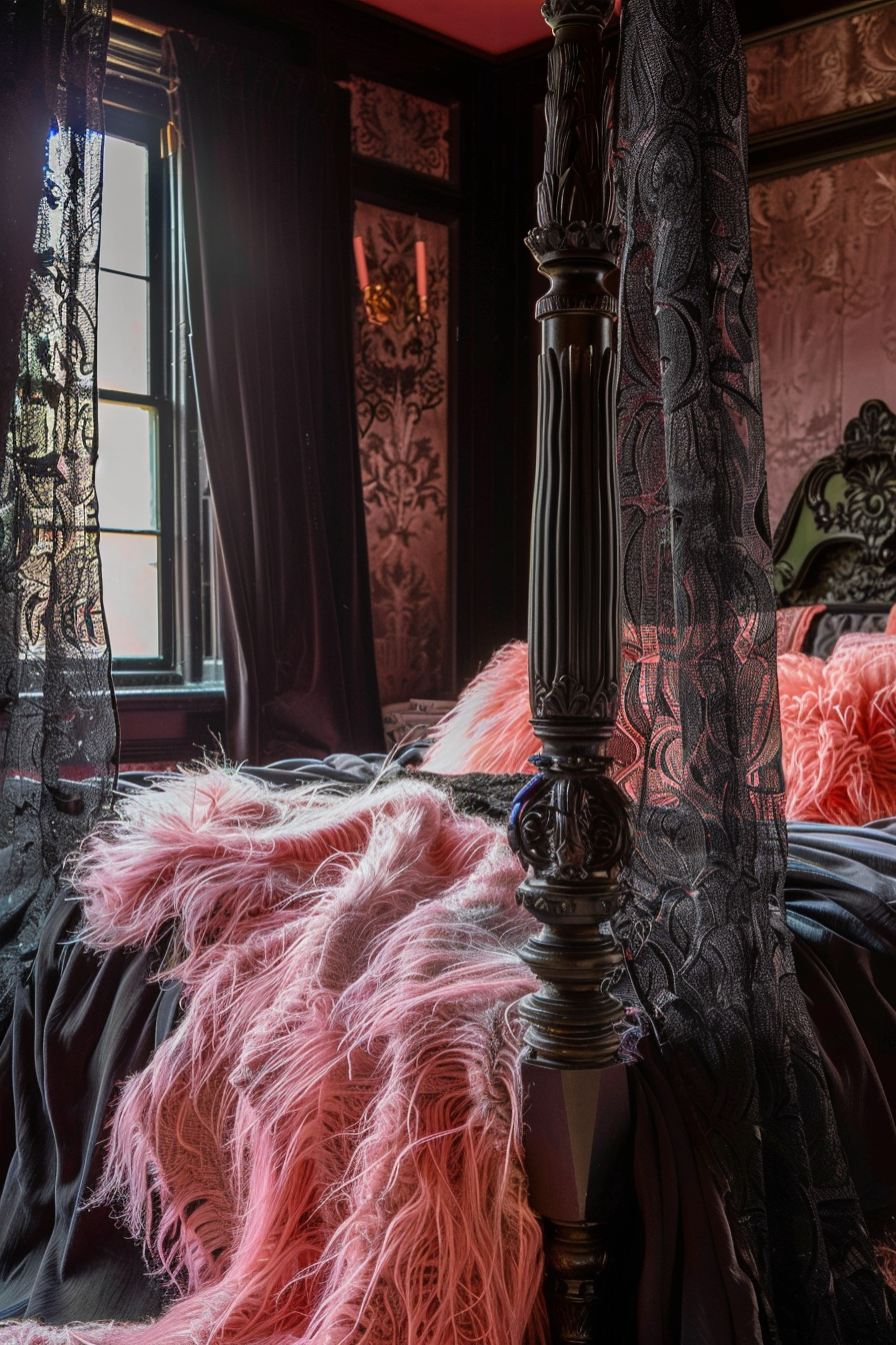 ALT: Ornate dark wood four-poster bed with black drapery and a fluffy pink throw in an opulent room with vintage wallpaper and lace curtains.