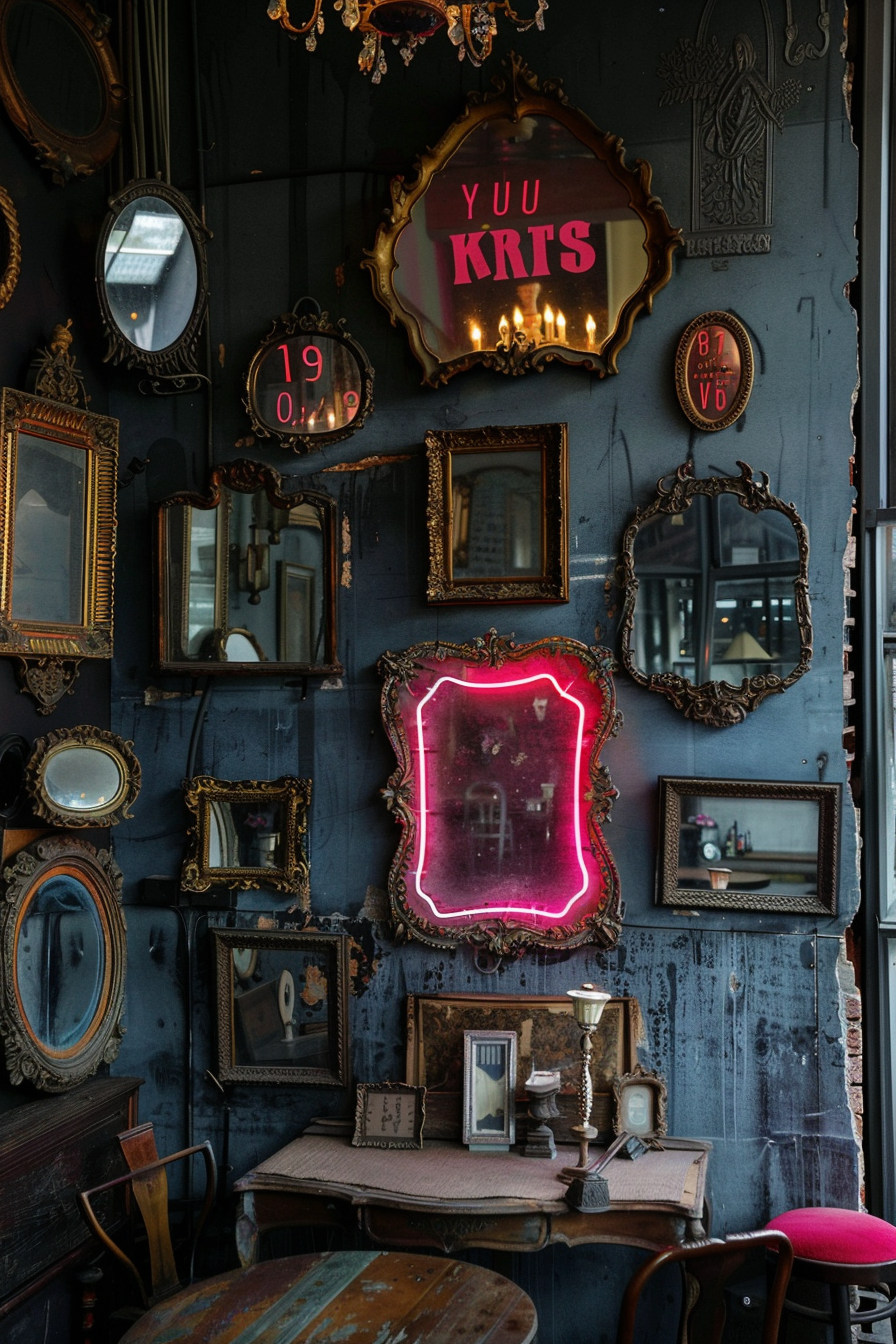 A vintage-style room with various ornate frames and mirrors on a dark wall, one with pink neon lights, and a rustic table with a pink chair.