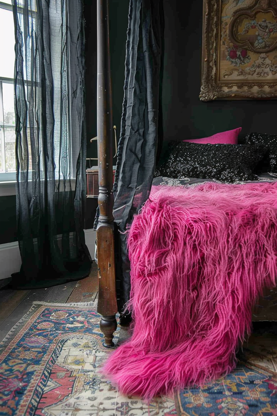 ALT: A cozy bedroom corner with a four-poster bed, vibrant pink fuzzy blanket, patterned carpet, sheer curtains, and a vintage framed artwork.
