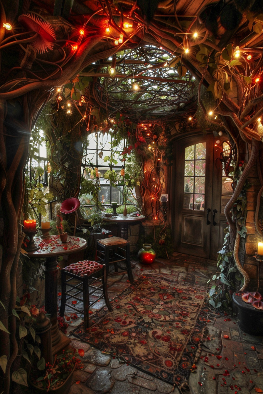 A cozy, enchanting indoor garden with intertwining branches, twinkling lights, candles, and scattered rose petals leading to a wooden door.